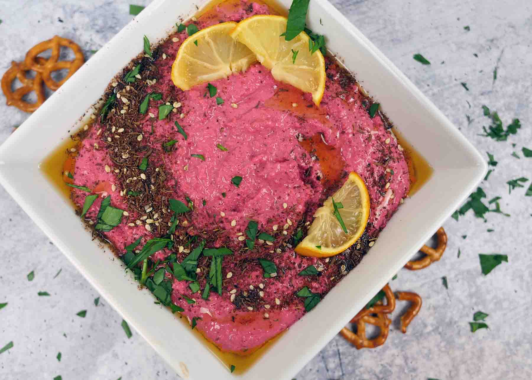 Roasted Beet Lemon Hummus - Roaring Spork